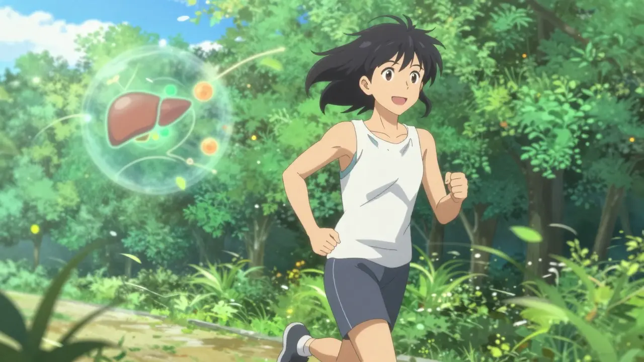 Happy anime runner in park symbolizing heart health and recovery