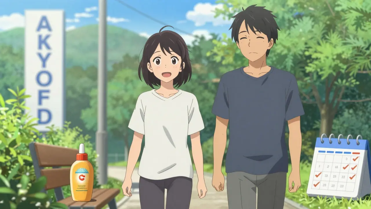 Happy couple walking outside with health monitoring cues in anime art