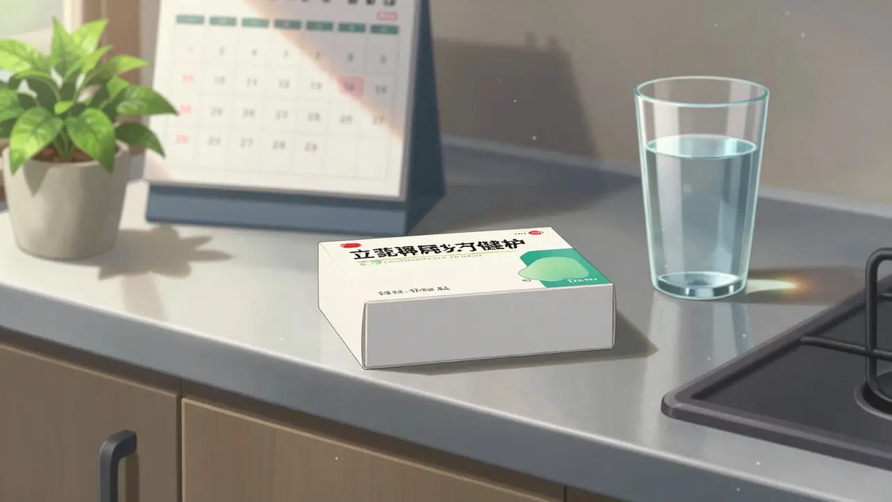 Medicine package on a sunny kitchen counter
