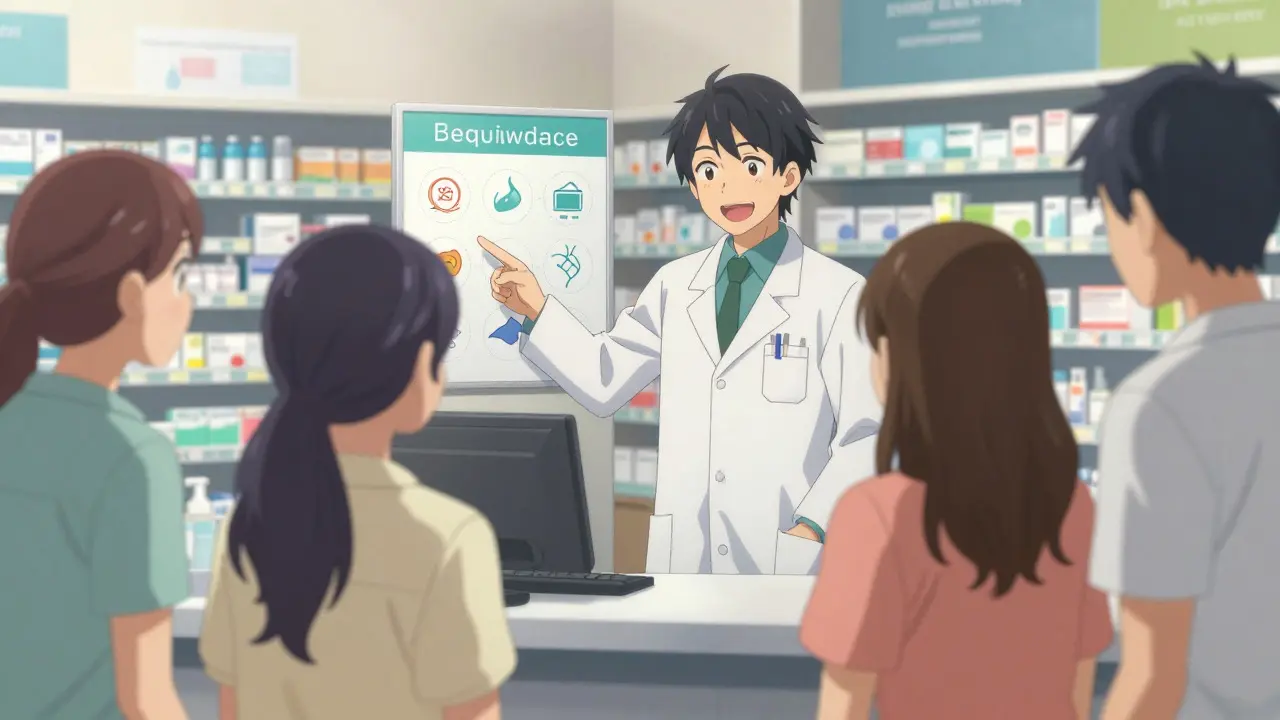 Pharmacist explaining generics to diverse patients