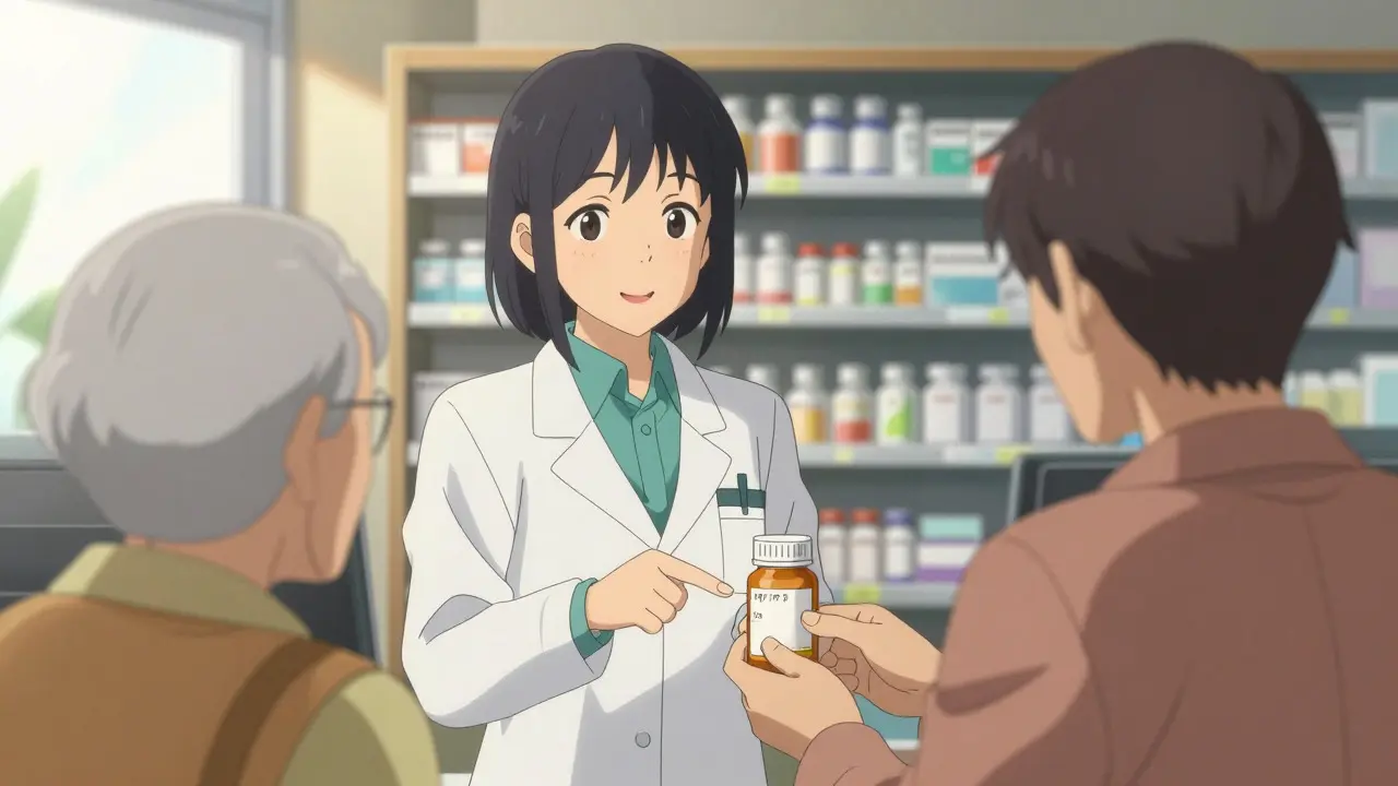 Pharmacist reassuring elderly patient about medication change