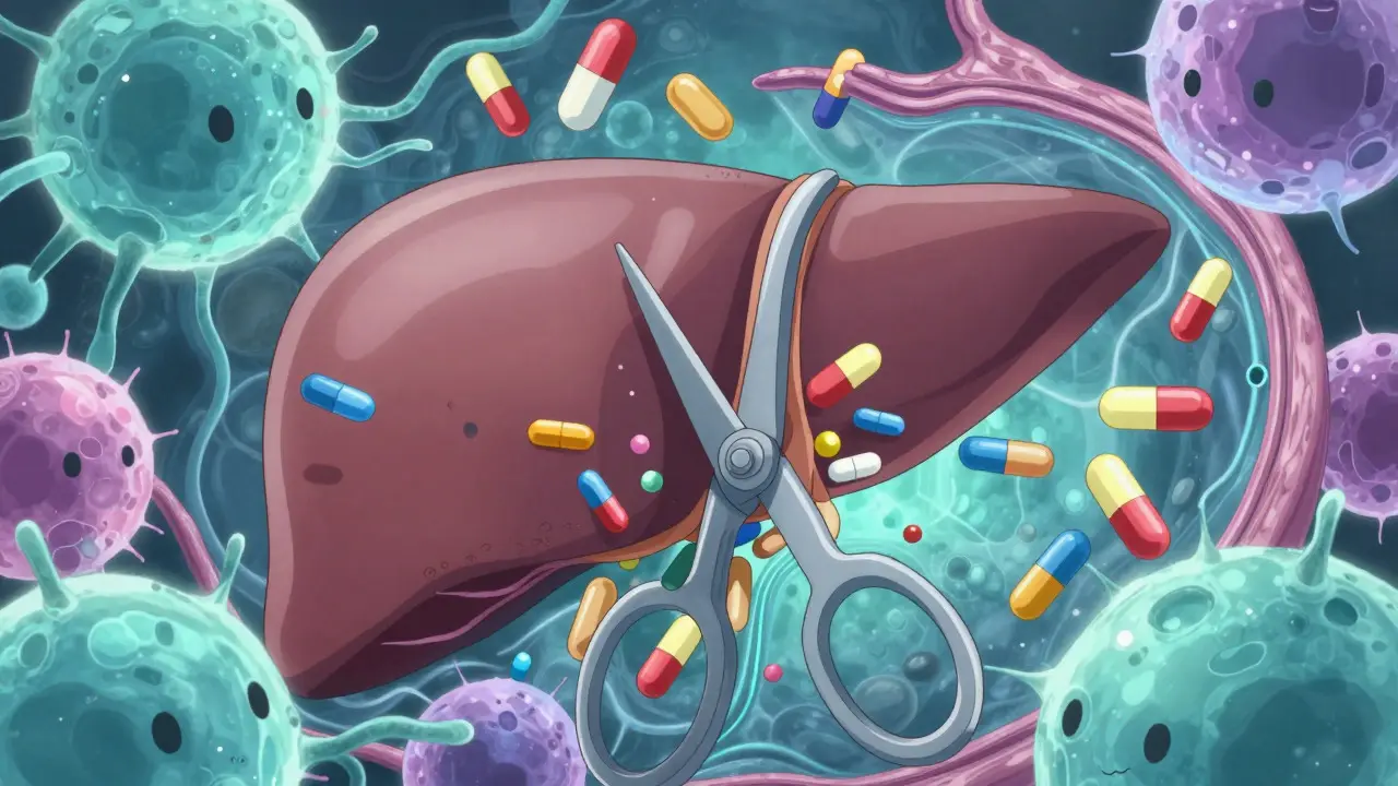 Stylized anime enzymes cutting drug molecules in the liver