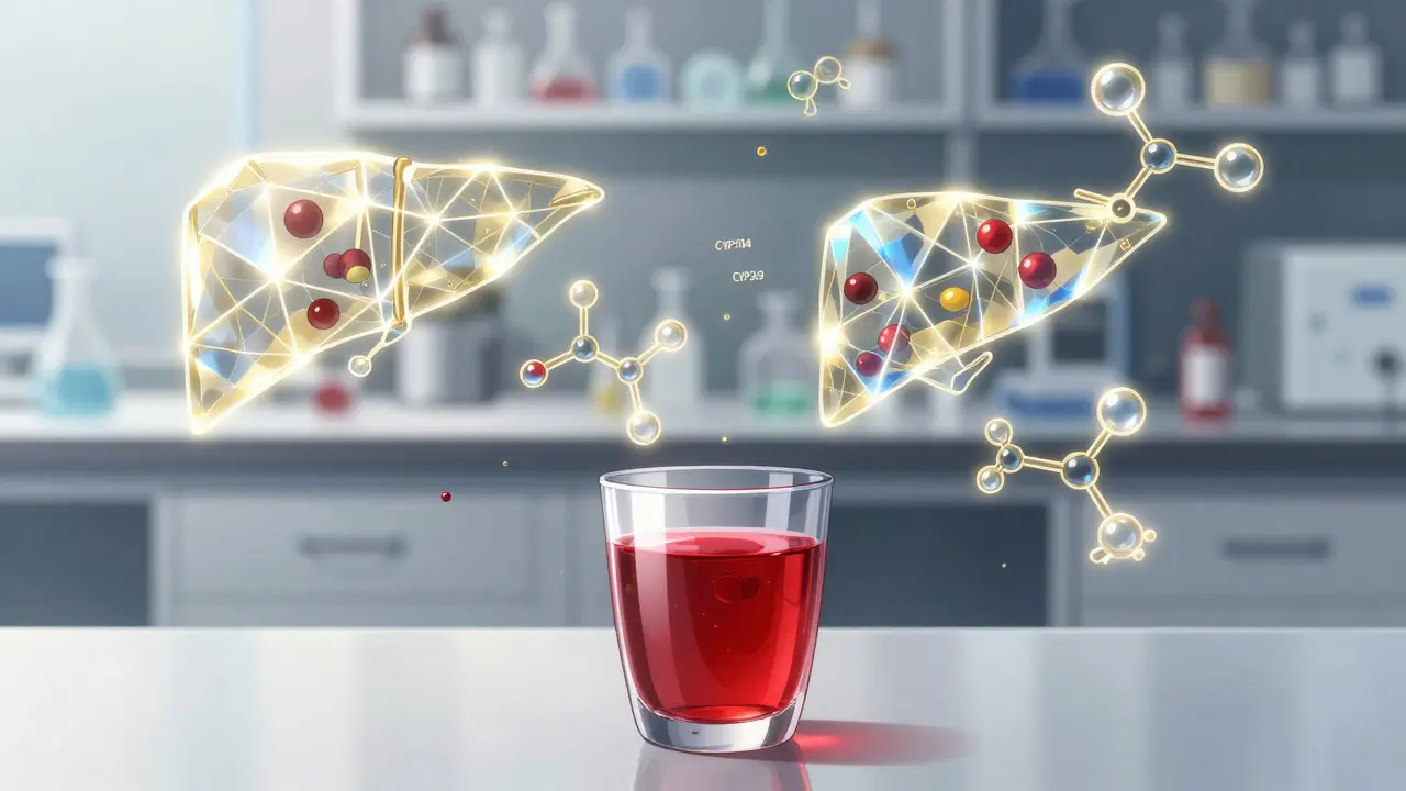 Stylized anime visualization of cranberry juice molecules interacting with liver enzymes.