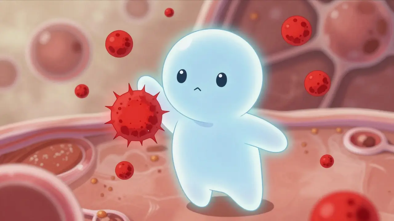 Stylized guardian spirit blocking inflammation particles in anime style