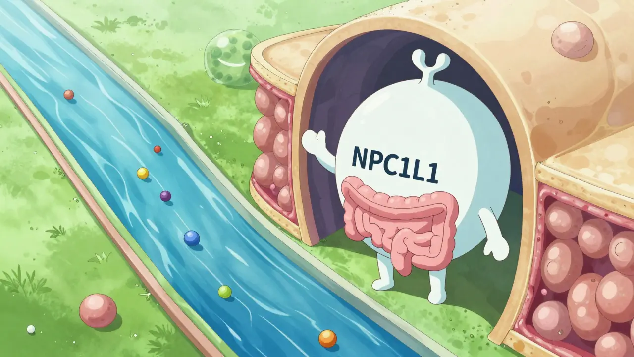 Whimsical anime art showing cholesterol blocked at intestinal gate