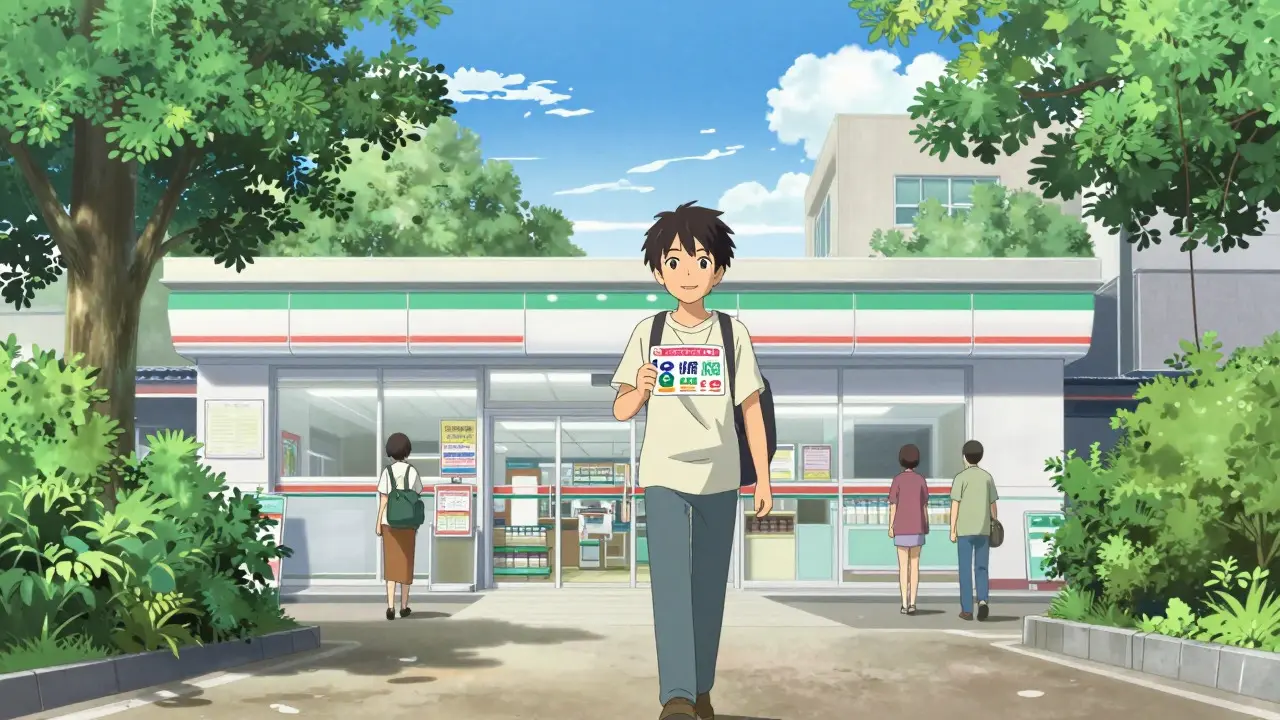 A happy person walking to a pharmacy holding a coupon in anime style