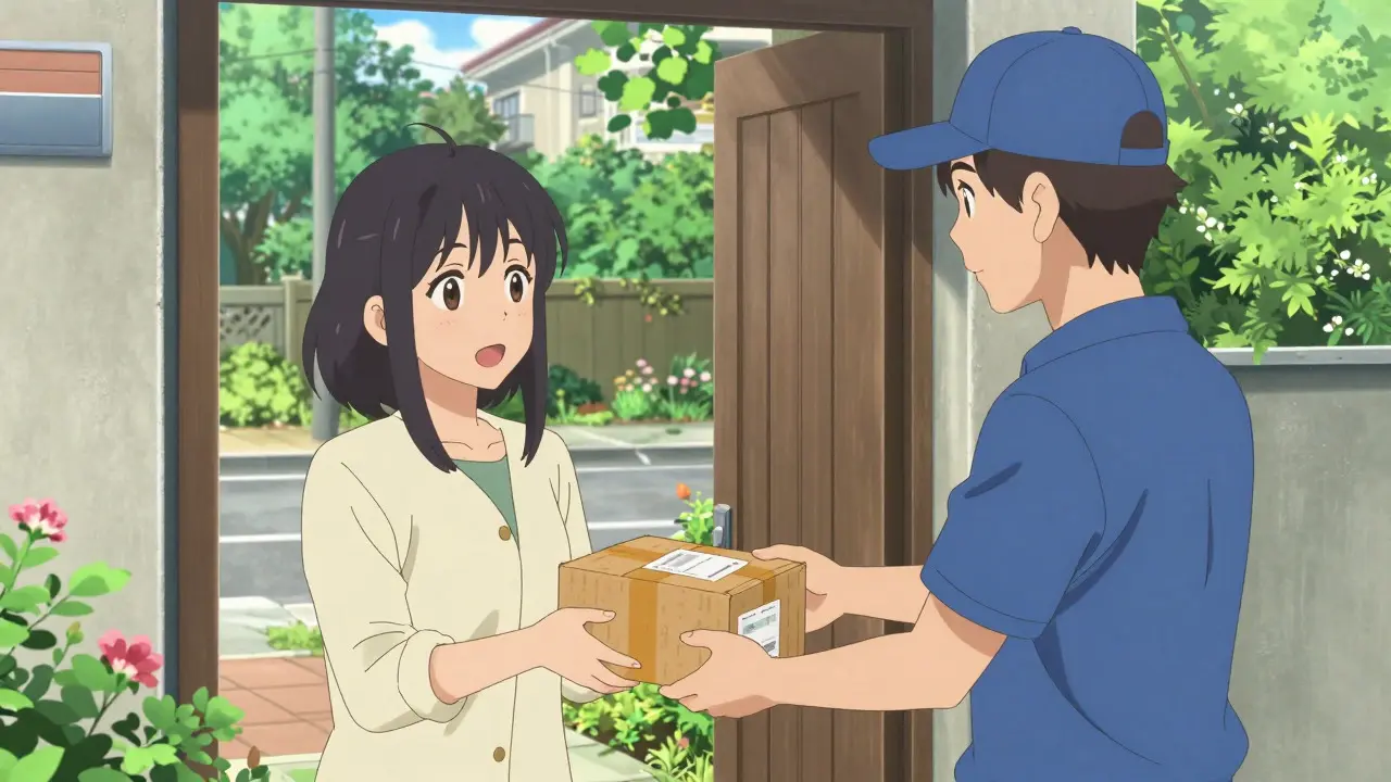 Anime character receiving a secure medication delivery package