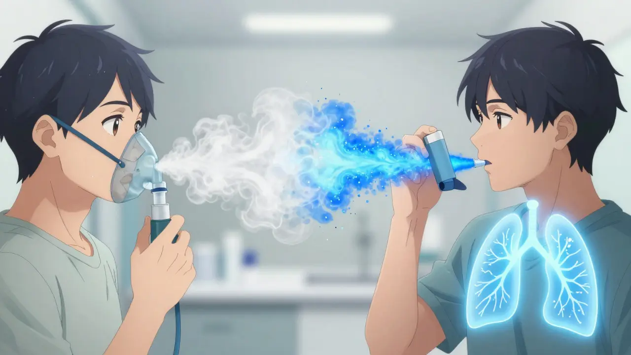 Anime comparison of nebulizer mist waste vs efficient spacer delivery