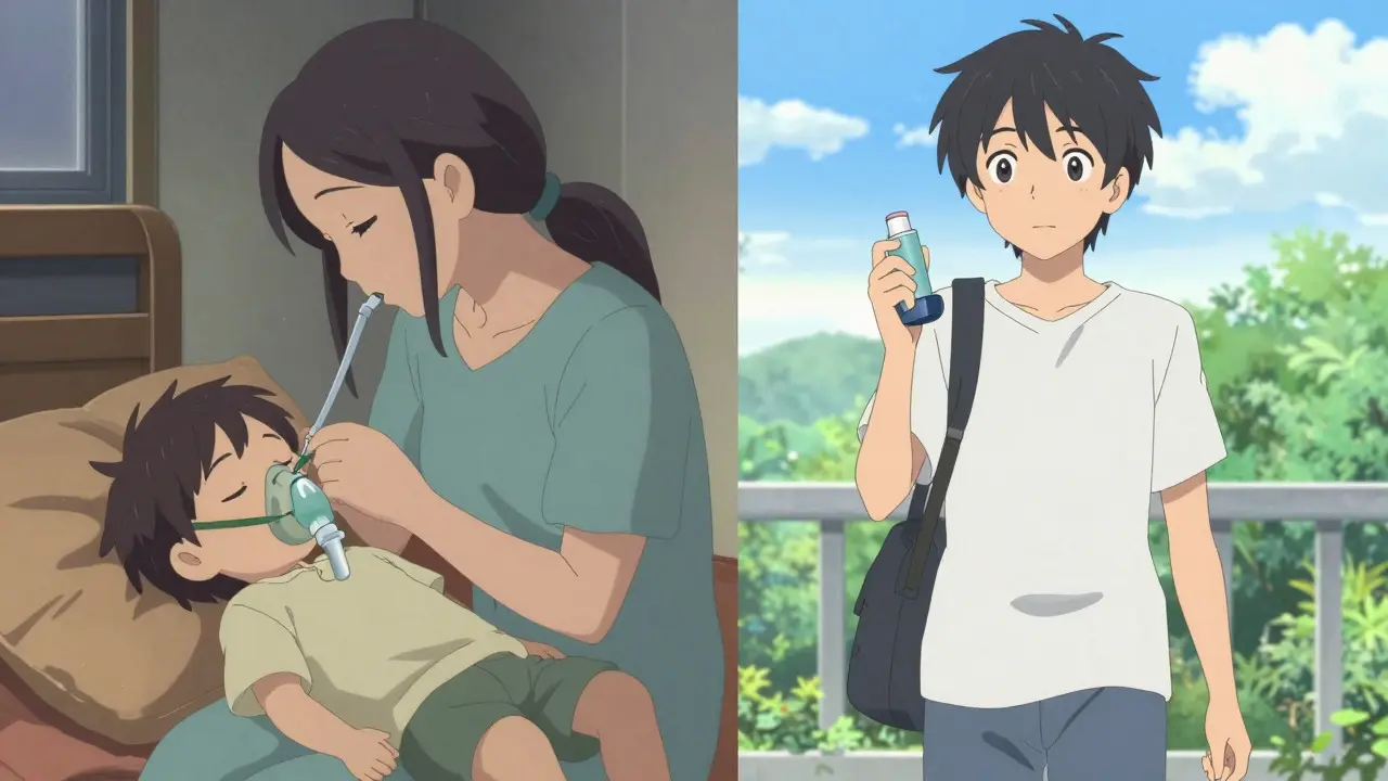 Anime parent using nebulizer on toddler vs teen carrying inhaler