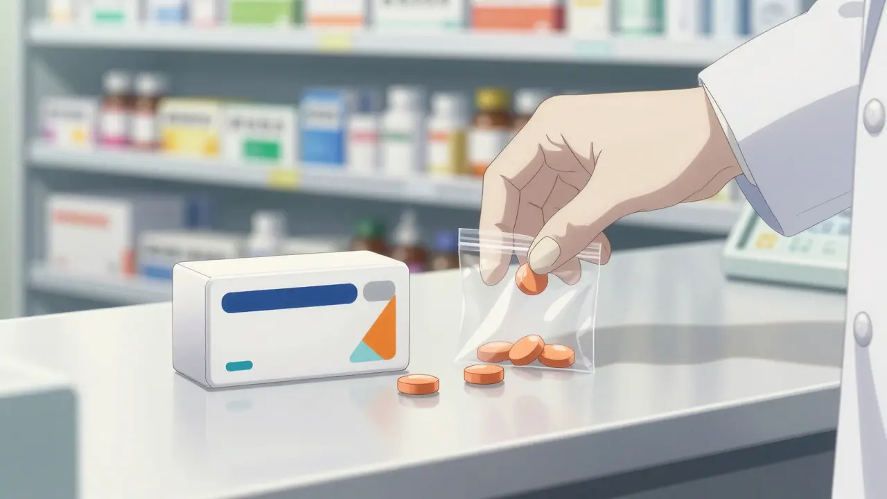 Anime style close-up of a pharmacist packaging orange tablets in a clean pharmacy