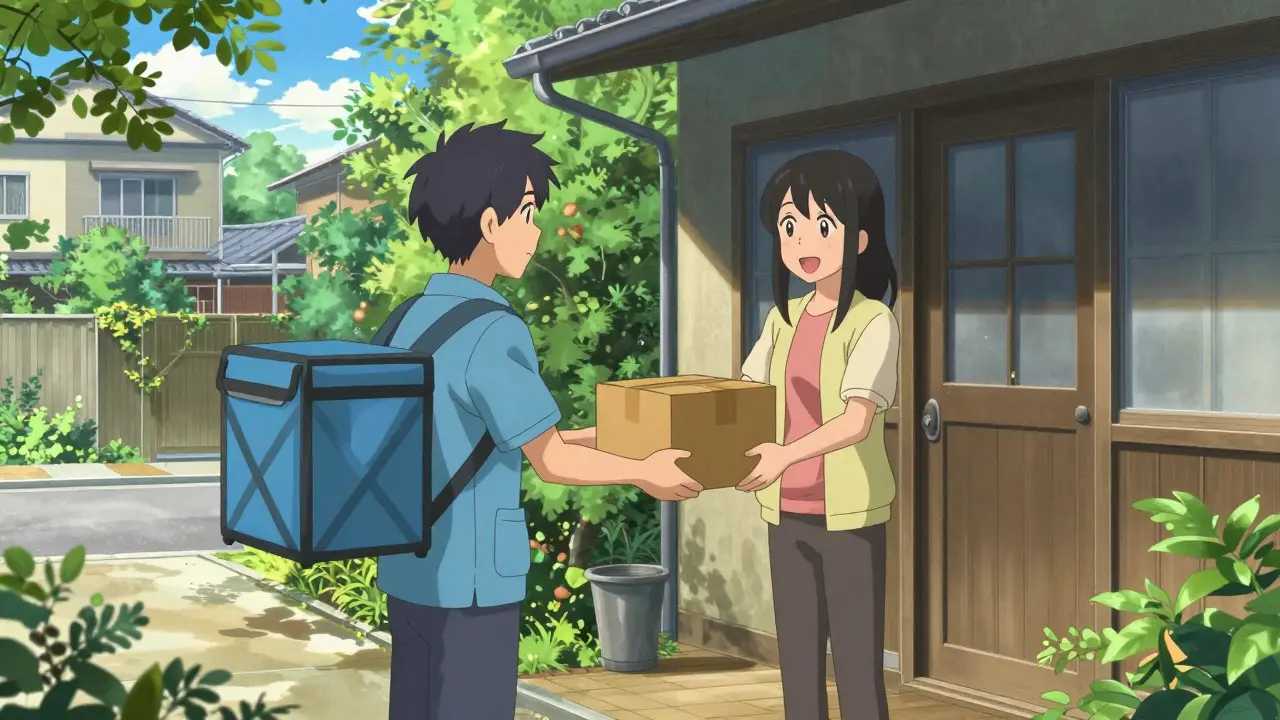 Anime style scene of a person receiving a medication package at their front door