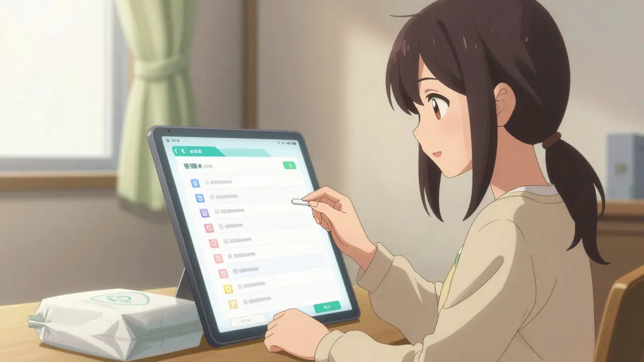 Anime woman verifying safe online pharmacy order