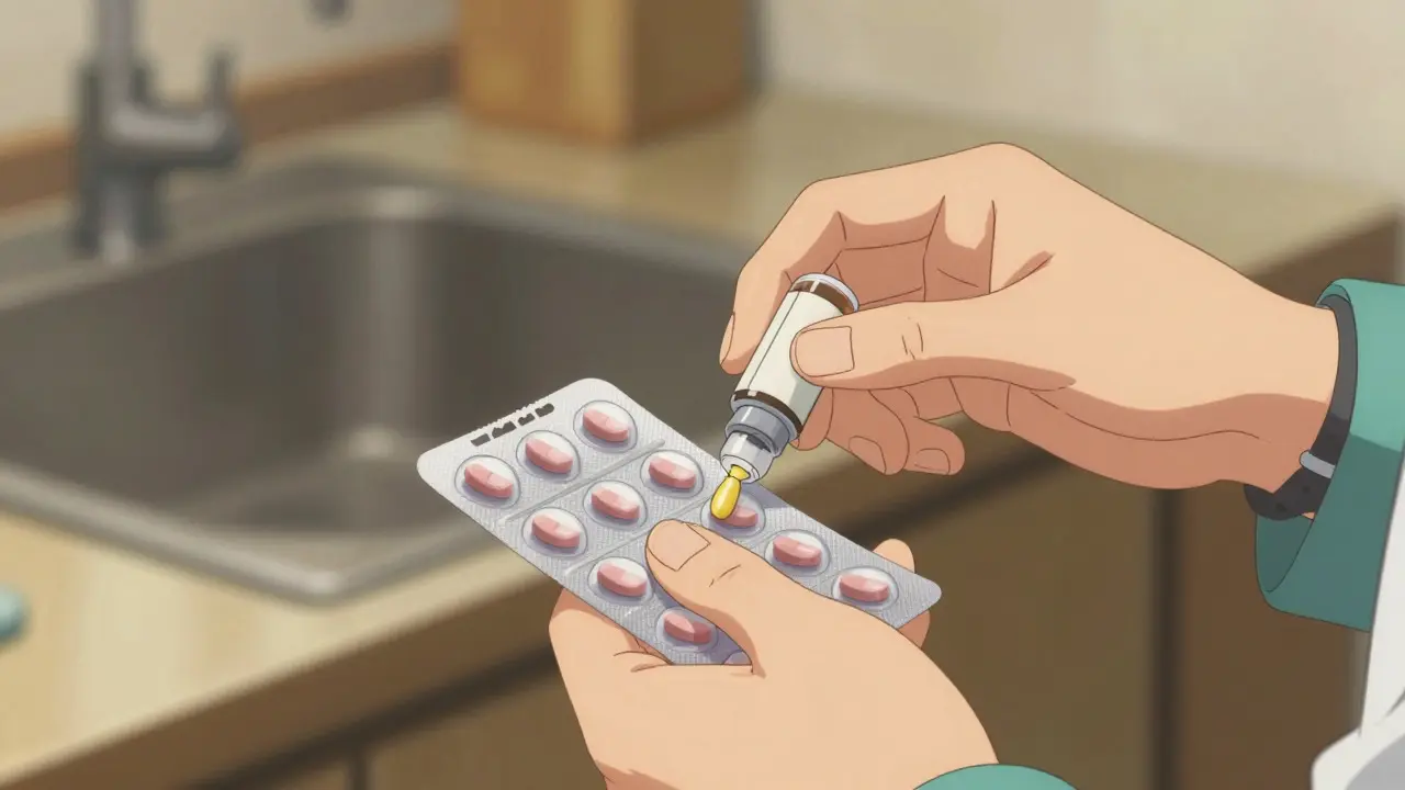 Caregiver hands organizing pills and holding a medicine vial on a kitchen counter
