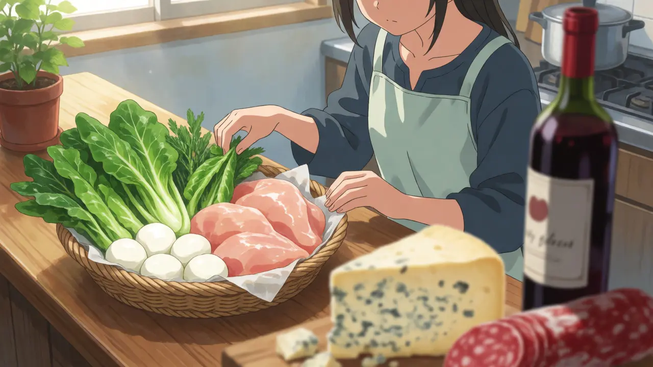 Character selecting fresh foods while avoiding aged cheeses and wine in a bright kitchen.