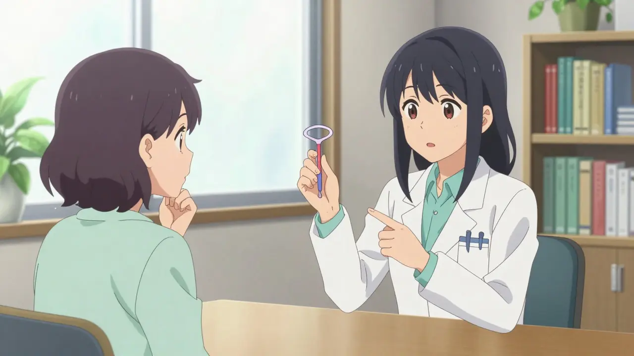 Doctor explaining IUD options to a patient in a bright clinic room