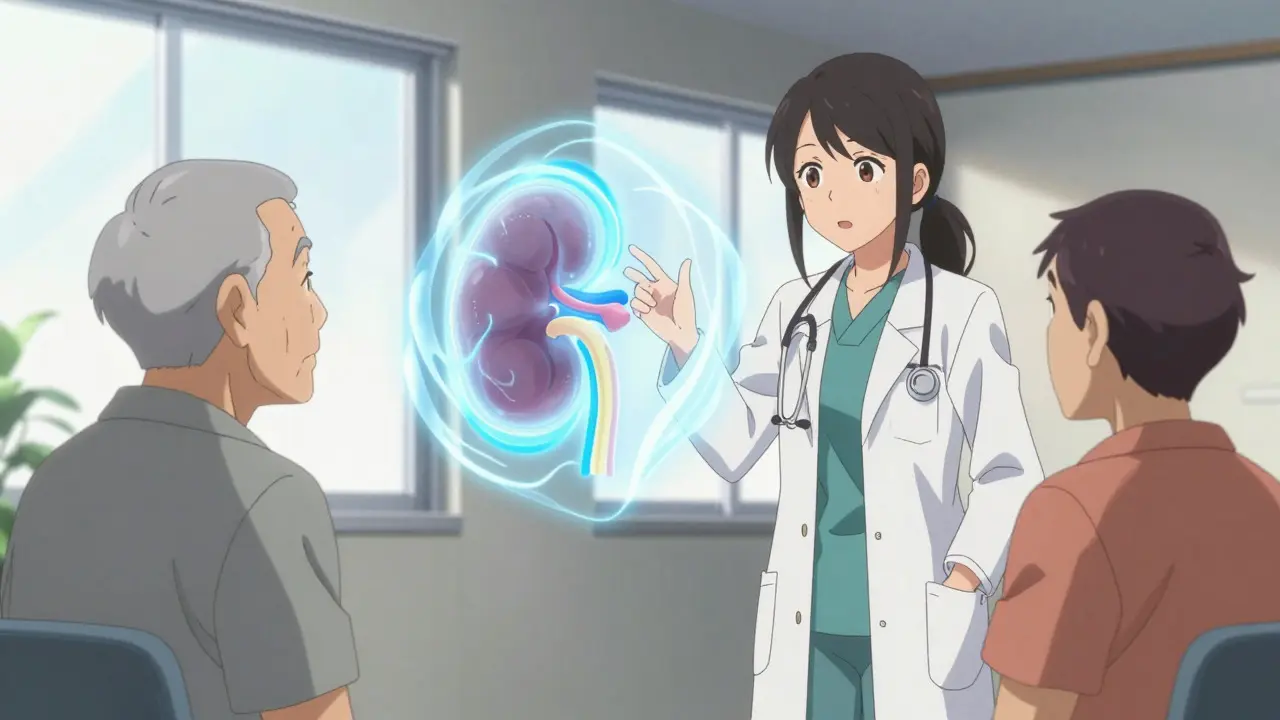 Doctor explaining kidney function concepts to an elderly patient in a bright clinic