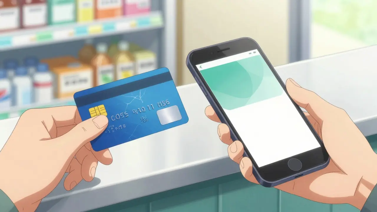 Hands holding an insurance card and a phone with a discount app in anime style