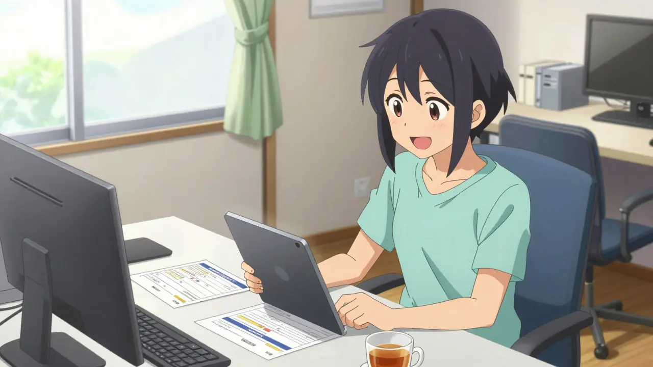 Happy anime character using a tablet for online pharmacy order