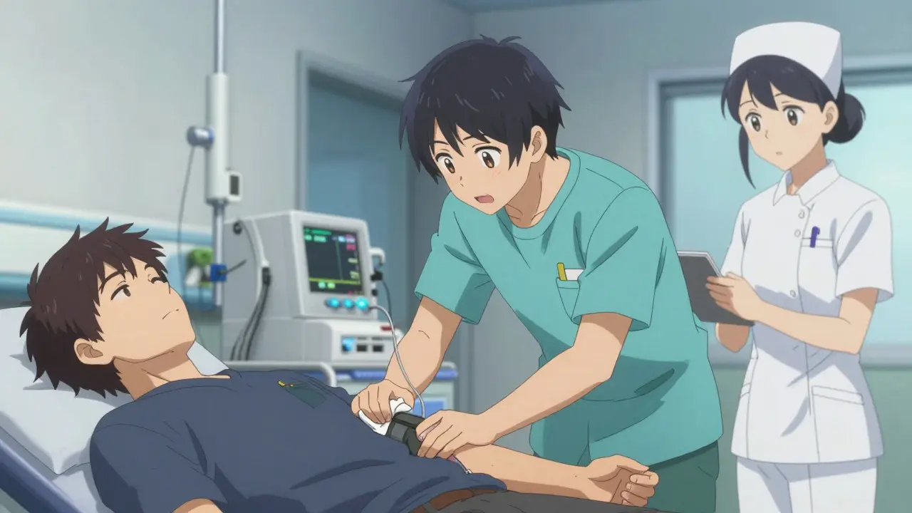 Paramedics treating a bleeding patient in an ER