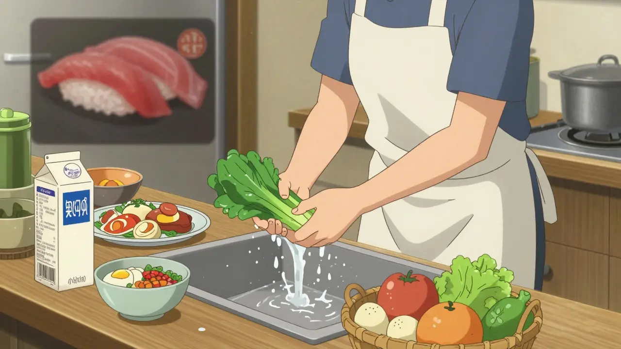Person safely washing vegetables in a bright kitchen