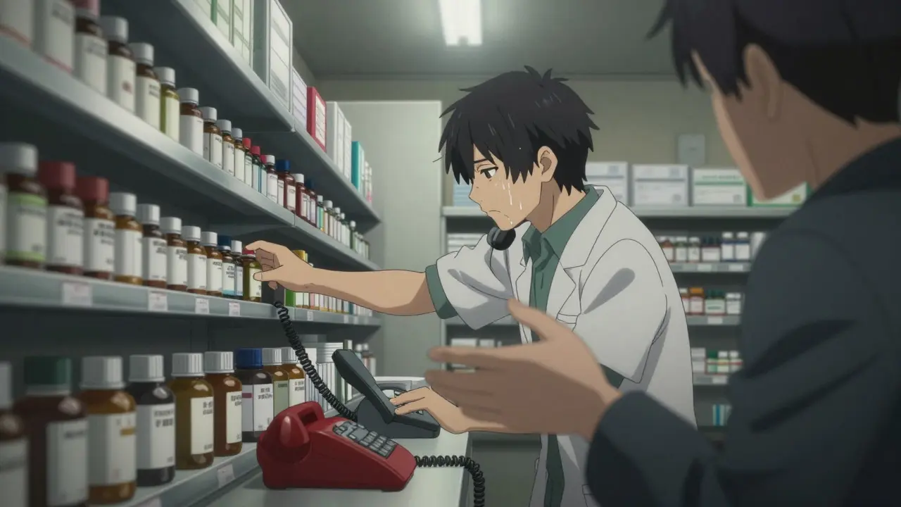 Pharmacist distracted by a phone call and colleague in a busy dispensing area