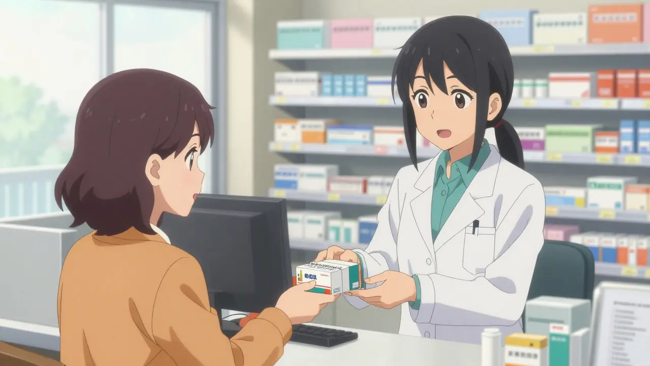 Pharmacist handing medication package to customer in a bright pharmacy