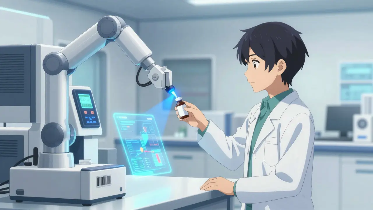 Robotic arm scanning a medicine bottle with a blue laser in a high-tech pharmacy