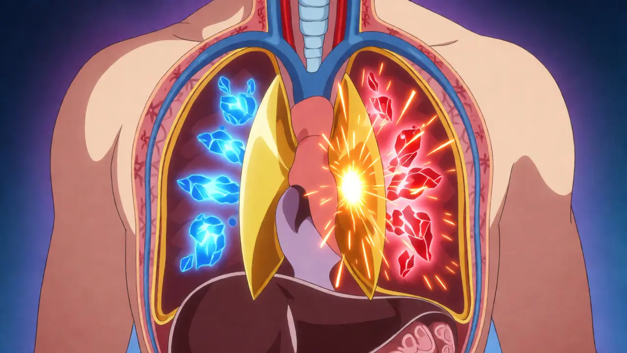 Stylized anime visualization of enzymes blocked by medication, causing tyramine buildup.