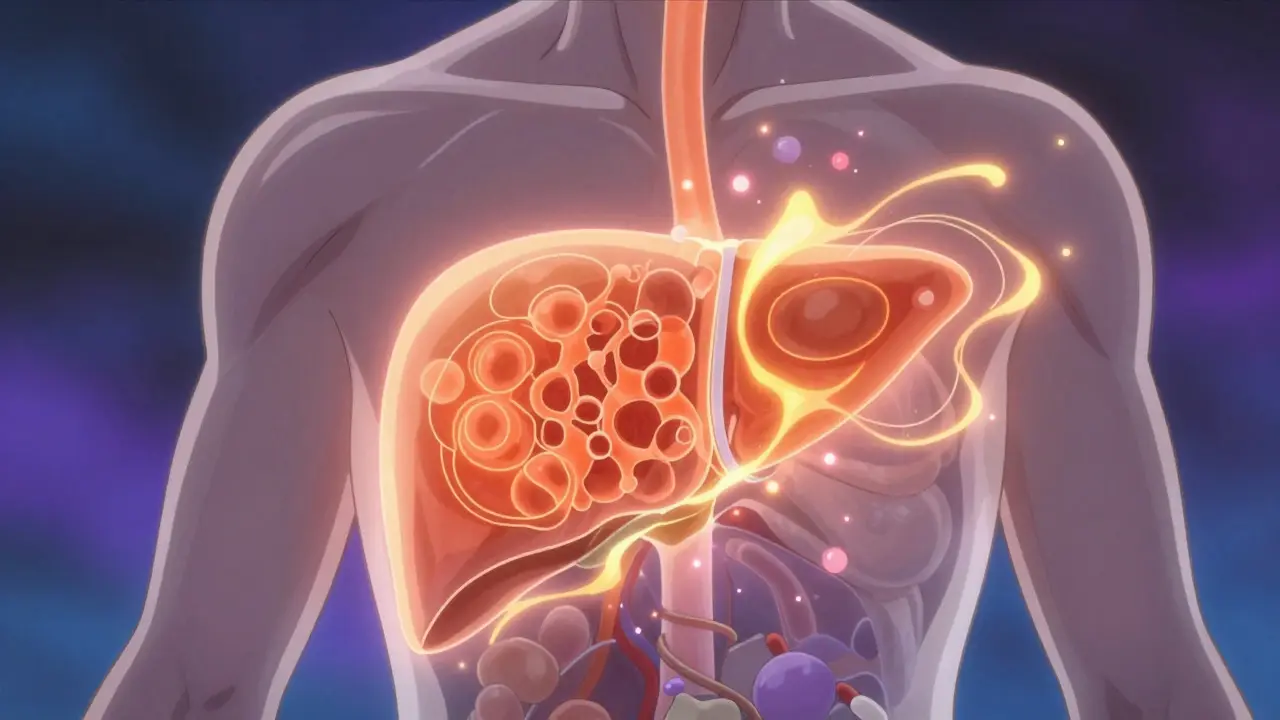Stylized anime visualization of liver enzymes metabolizing hormones rapidly