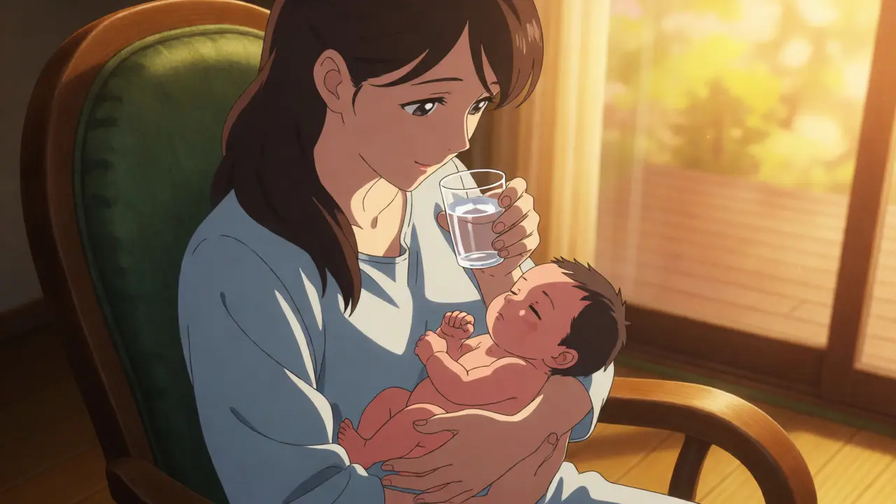 New mother holding a baby while taking medication safely