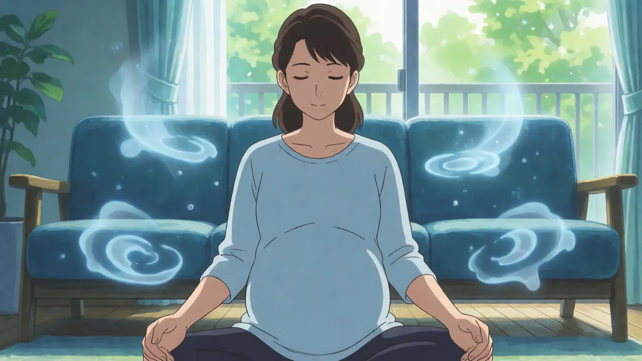 Pregnant woman meditating peacefully with calming visual effects